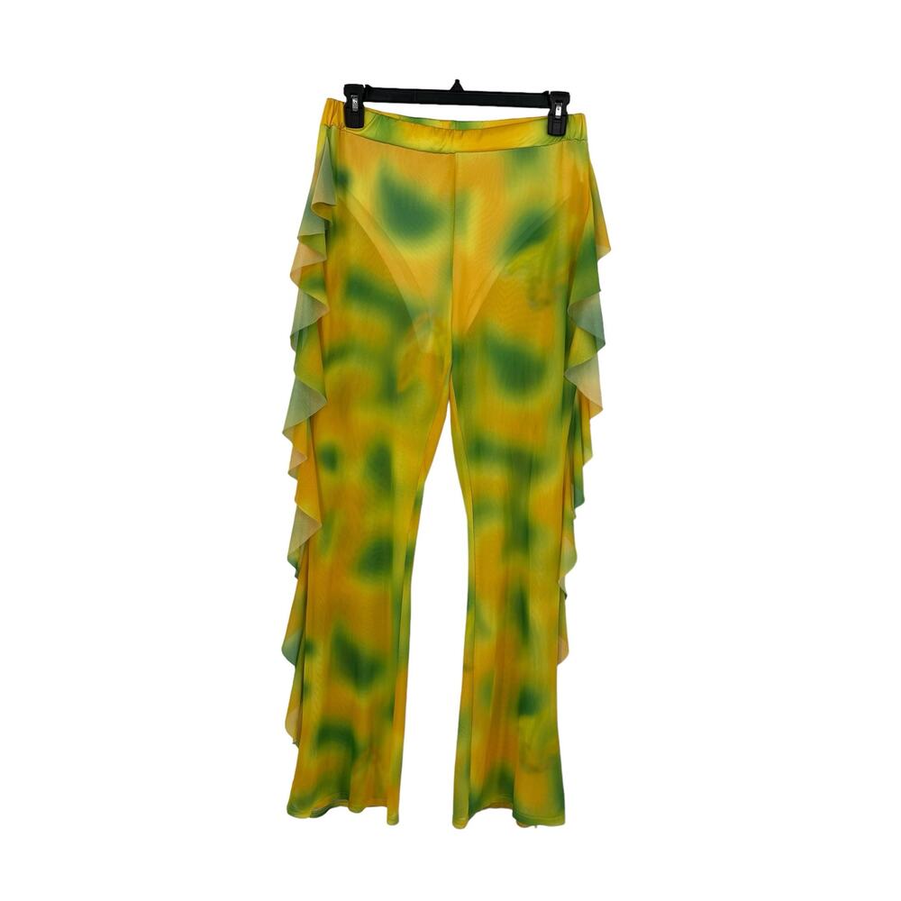 Shein Pants Womens Plus XXL Ruffle Trim Tie Dye Yellow Green Sheer Mesh